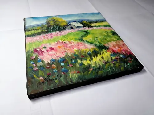 Quadro Óleo Sobre Tela - Paisagem, Campos Floridos, Cabana.