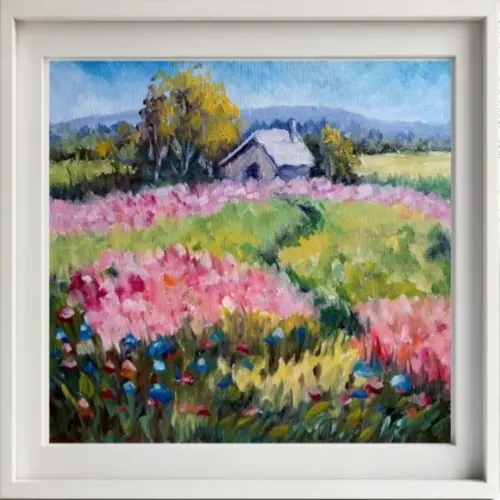 Quadro Óleo Sobre Tela - Paisagem, Campos Floridos, Cabana.