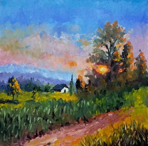 Quadro Óleo Sobre Tela - Paisagem, Casa Campo, Por do Sol.