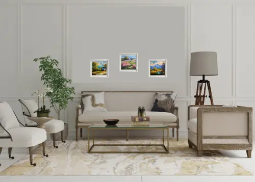 Quadro Óleo Sobre Tela - Paisagem, Campos Floridos, Cabana.