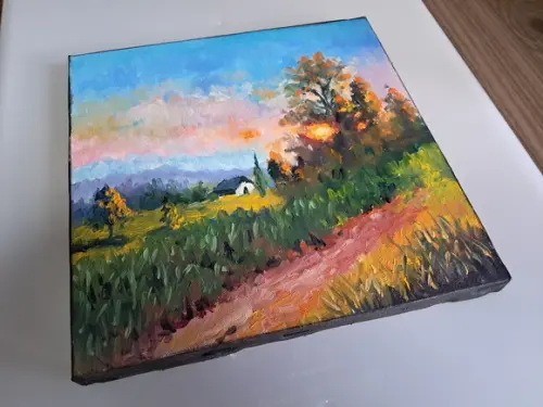 Quadro Óleo Sobre Tela - Paisagem, Casa Campo, Por do Sol.
