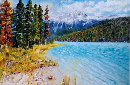 Quadro Óleo Sobre Tela - Paisagem, Montanhas, Árvores e Rio.