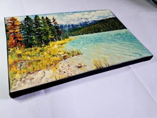 Quadro Óleo Sobre Tela - Paisagem, Montanhas, Árvores e Rio.