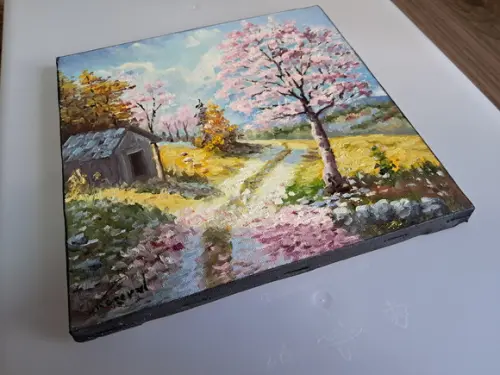 Quadro Óleo Sobre Tela - Paisagem, Cerejeiras, Cabana.