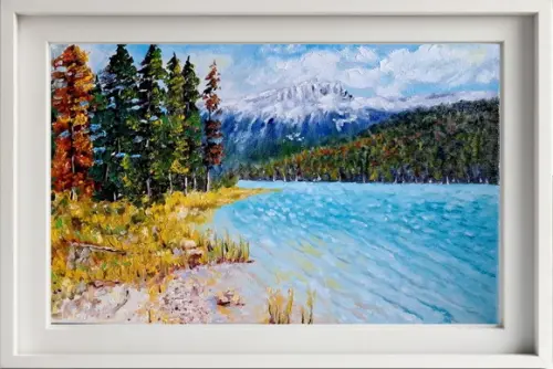 Quadro Óleo Sobre Tela - Paisagem, Montanhas, Árvores e Rio.