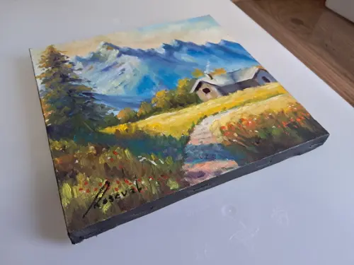 Quadro Óleo Sobre Tela - Paisagem, Montanhas, Casa de Campo.