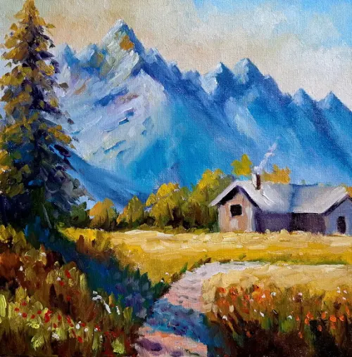 Quadro Óleo Sobre Tela - Paisagem, Montanhas, Casa de Campo.