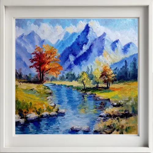 Quadro Óleo Sobre Tela - Paisagem, Montanhas, Árvores e Rio.