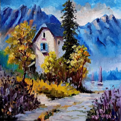 Quadro Óleo Sobre Tela - Paisagem, Montanhas, Chalé.