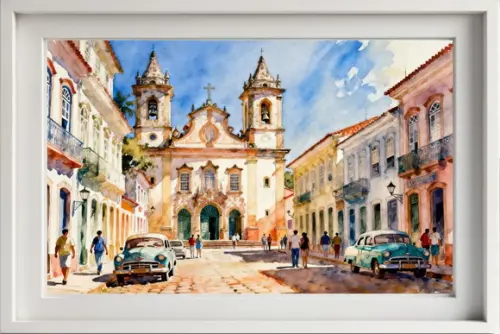 Quadro Paisagem Cidade Histórica Aquarela - Decoração 02