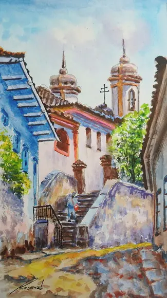Quadro Paisagem de Ouro Preto Mg Aquarela - Decoração 02