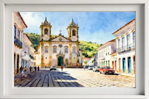 Quadro Paisagem de Ouro Preto Mg Aquarela - Decoração Op03