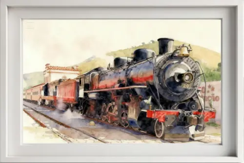 Quadro Paisagem Trem Vapor Aquarela - Decoração 02