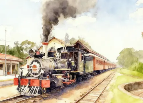 Quadro Paisagem Trem Vapor Aquarela - Decoração 01