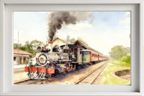Quadro Paisagem Trem Vapor Aquarela - Decoração 01