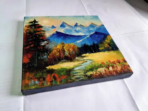 Quadro Pintado à Mão - Paisagem, Montanhas, Árvores, Rio.