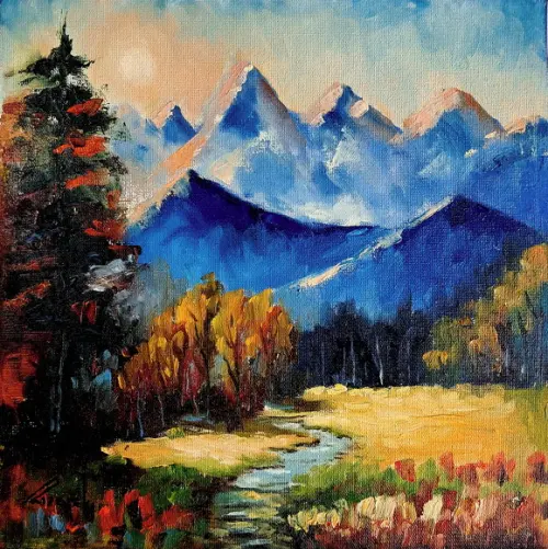 Quadro Pintado à Mão - Paisagem, Montanhas, Árvores, Rio.