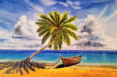 Quadro Praia Acrílica - Mar Azul Coqueiros Barco 12