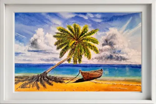Quadro Praia Acrílica - Mar Azul Coqueiros Barco 12