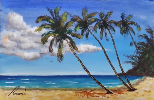 Quadro Praia Acrílica - Mar Azul Coqueiros Barco 13
