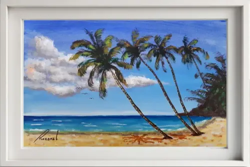 Quadro Praia Acrílica - Mar Azul Coqueiros Barco 13