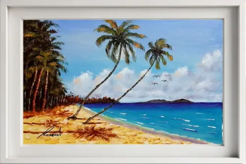 Quadro Praia Acrílica - Mar Azul Coqueiros Barco 14