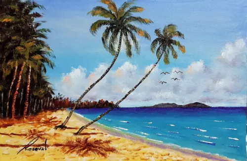 Quadro Praia Acrílica - Mar Azul Coqueiros Barco 14