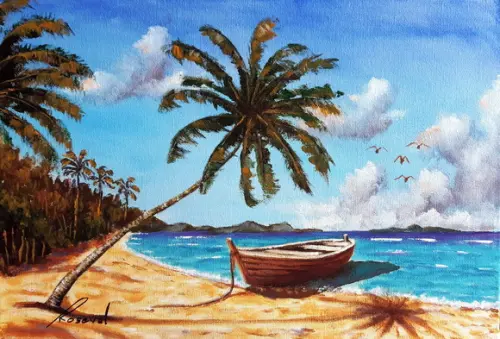Quadro Praia Acrílica - Mar Azul Coqueiros Barco 16