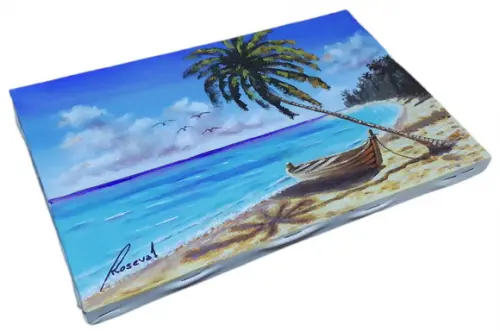 Quadro Praia Acrílica - Mar Azul Coqueiros Barco 17