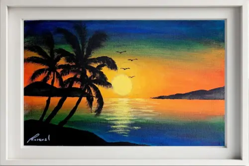 Quadro Praia Acrílica - Por do Sol Coqueiros Barco 3