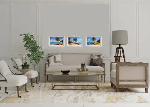 Quadro Praia Acrílica - Mar Azul Coqueiros Barco 17