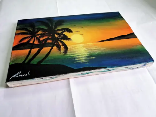 Quadro Praia Acrílica - Por do Sol Coqueiros Barco 3