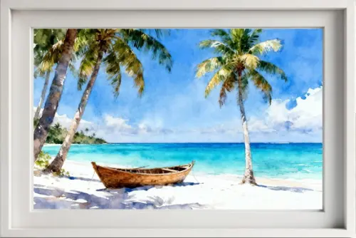 Quadro Praia Aquarela - Mar Azul Coqueiros Barco 18