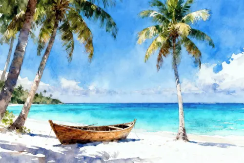 Quadro Praia Aquarela - Mar Azul Coqueiros Barco 18