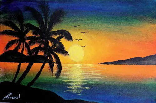 Quadro Praia Acrílica - Por do Sol Coqueiros Barco 3