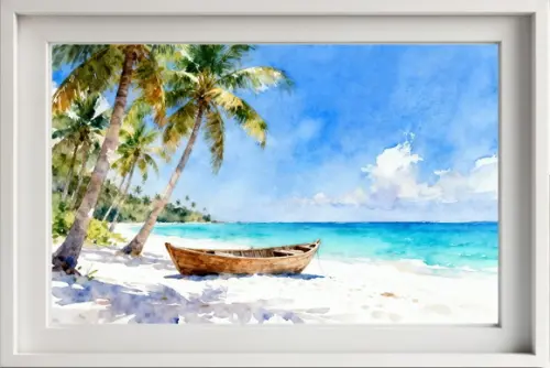Quadro Praia Aquarela - Mar Azul Coqueiros Barco 21