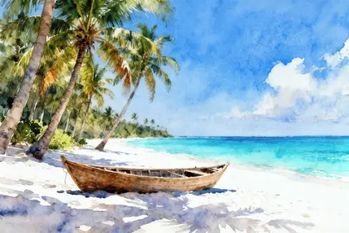 Quadro Praia Aquarela - Mar Azul Coqueiros Barco 19