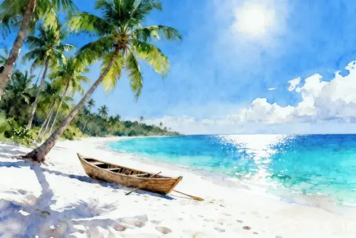 Quadro Praia Aquarela - Mar Azul Coqueiros Barco 20