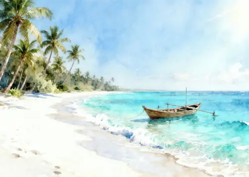Quadro Praia Aquarela - Mar Azul Coqueiros Barco 32