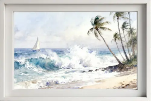 Quadro Praia Aquarela - Mar Azul Coqueiros Barco 33