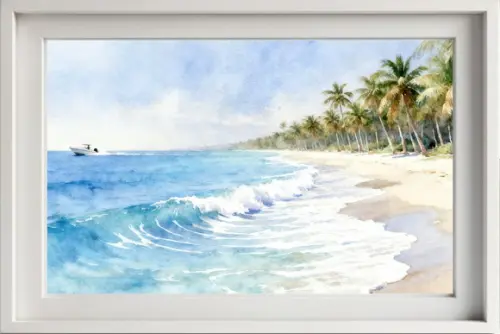 Quadro Praia Aquarela - Mar Azul Coqueiros Barco 35