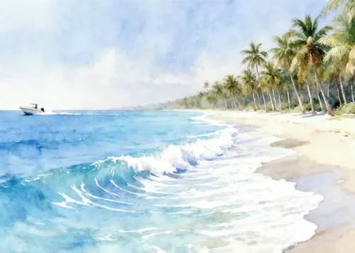 Quadro Praia Aquarela - Mar Azul Coqueiros Barco 35