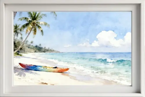 Quadro Praia Aquarela - Mar Azul Coqueiros Barco 34