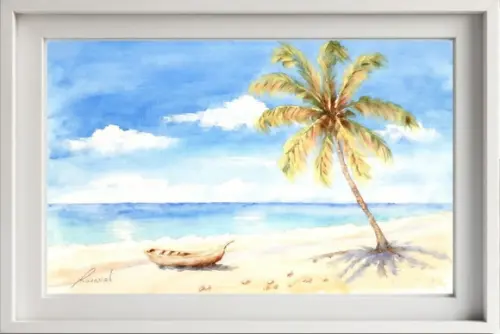 Quadro Praia Aquarela - Mar Azul Coqueiros Barco 39