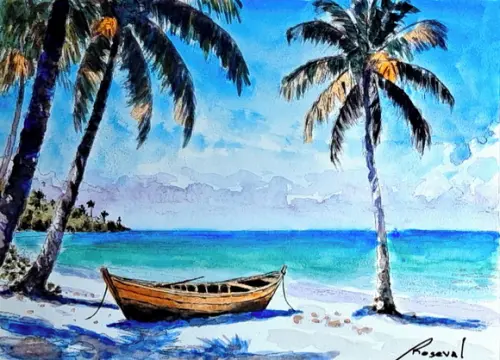 Quadro Praia Aquarela - Mar Azul Coqueiros Barco 40