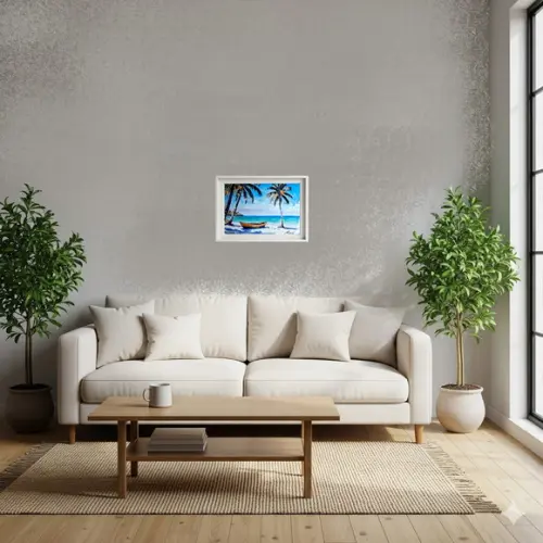 Quadro Praia Aquarela - Mar Azul Coqueiros Barco 40