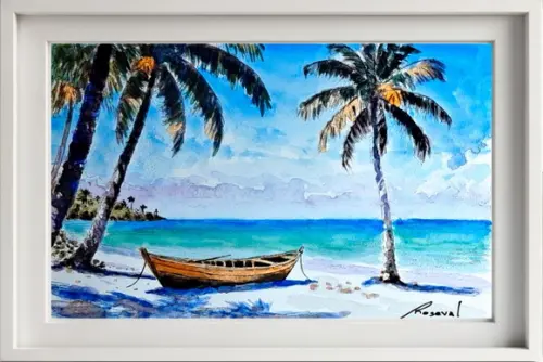 Quadro Praia Aquarela - Mar Azul Coqueiros Barco 40