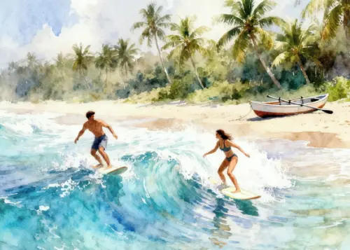 Quadro Praia Aquarela - Mar Azul Coqueiros Barco Surfe 37