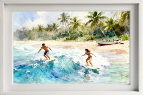 Quadro Praia Aquarela - Mar Azul Coqueiros Barco Surfe 37