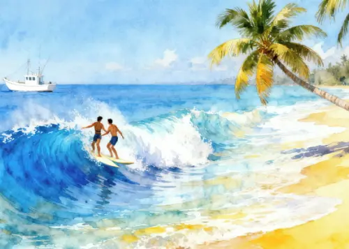 Quadro Praia Aquarela - Mar Azul Coqueiros Barco Surfe 36